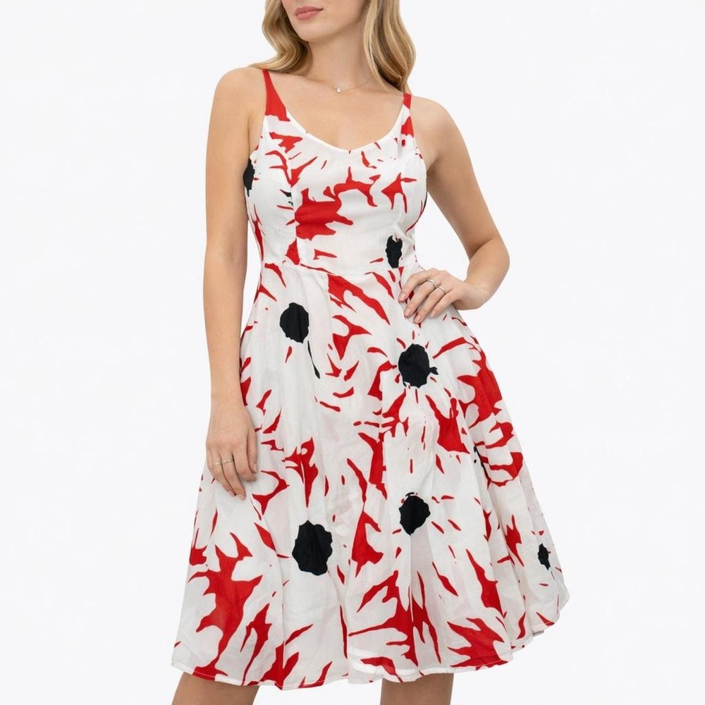 Connection 18 Vintage 1950s Style Red Black Artsy Floral Cotton Skater Dress S